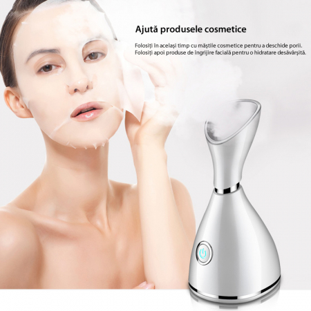 Sauna Faciala cu Bentita pentru Par si Set de 4 Pensete pentru Comedoane, Puncte Negre, Cosuri, Purificare Acnee, Ionizare, Curatare Profunda, Deschidere Pori, Abur Cald, Oprire Automata, Alb [5]