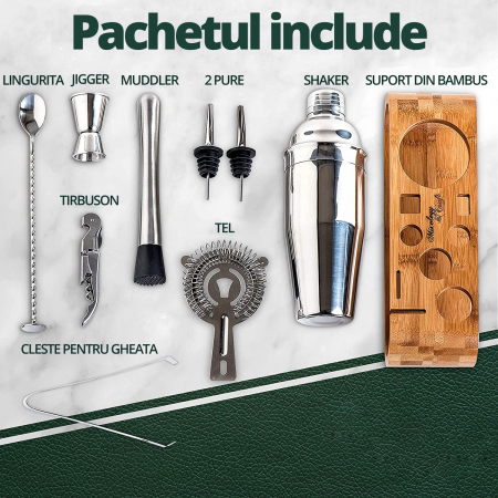 Set de Barman pentru Bauturi, LittleDomi, Suport din Bambus, Shaker Cobbler 550 ml, 10 Piese, Otel Inoxidabil, Argintiu [2]