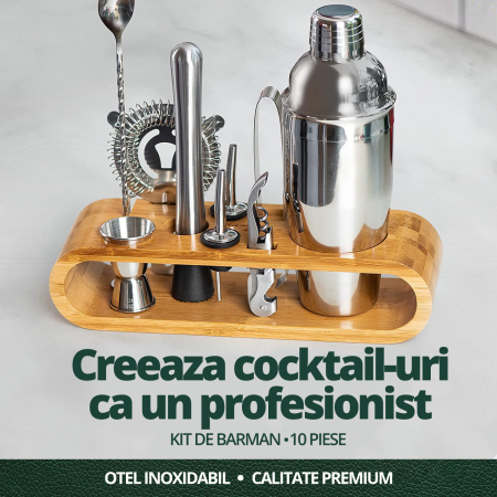 Set de Barman pentru Bauturi, LittleDomi, Suport din Bambus, Shaker Cobbler 550 ml, 10 Piese, Otel Inoxidabil, Argintiu [4]