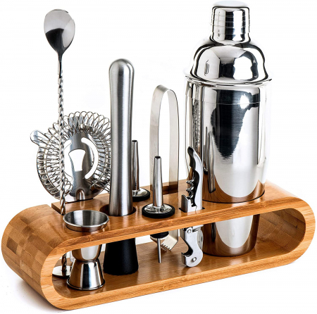 Produse - Set de Barman pentru Bauturi, LittleDomi, Suport din Bambus, Shaker Cobbler 550 ml, 10 Piese, Otel Inoxidabil, Argintiu