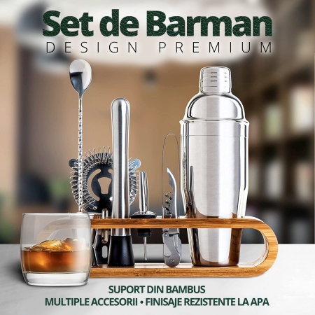 Set de Barman pentru Bauturi, LittleDomi, Suport din Bambus, Shaker Cobbler 550 ml, 10 Piese, Otel Inoxidabil, Argintiu [1]