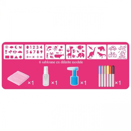 Set pentru desen, Covoras Magic Lavabil, LittleDomi,6 Carioci 2in1, Spray, Prosop si Recipient pentru Apa,6 sabloane cu diferite forme [2]