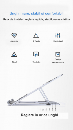 Suport ergonomic Laptop, LittleDomi, Ajustabil, Usor, 6 Trepte Inaltime, Aluminiu Durabil, Ventilatie, Non Alunecos, Marime universala [2]