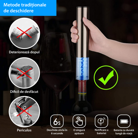 Tirbuson Electric pentru Vin, cu Baza Reincarcabila, Accesoriu Taiat Folie, Aerator, Dop Pompa Vid, 4 Acumulatori, Notificare Baterie, One-Touch, Automat, Inox [2]
