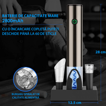 Tirbuson Electric pentru Vin, cu Baza Reincarcabila, Accesoriu Taiat Folie, Aerator, Dop Pompa Vid, 4 Acumulatori, Notificare Baterie, One-Touch, Automat, Inox [4]