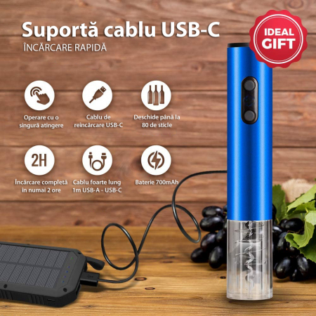 Tirbuson Electric pentru Vin, Reincarcabil, Accesoriu Taiat Folie, 4 Acumulatori, Notificare Baterie, One-Touch, Automat, Albastru [5]