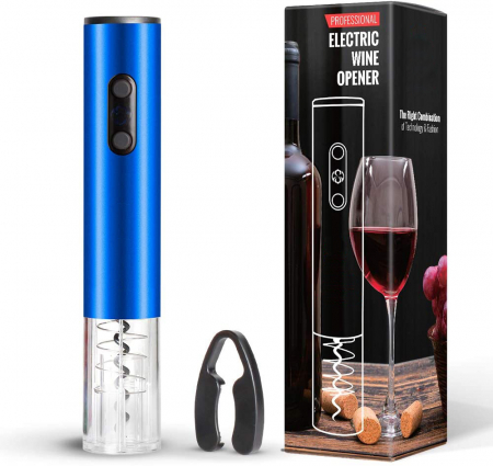 Tirbusoane si dopuri - Tirbuson Electric pentru Vin, Reincarcabil, Accesoriu Taiat Folie, 4 Acumulatori, Notificare Baterie, One-Touch, Automat, Albastru