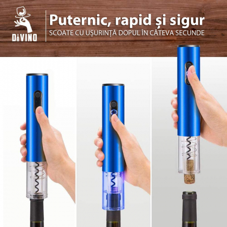 Tirbuson Electric pentru Vin, Reincarcabil, Accesoriu Taiat Folie, 4 Acumulatori, Notificare Baterie, One-Touch, Automat, Albastru [2]