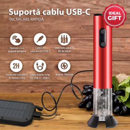 Tirbuson Electric pentru Vin, Reincarcabil, Accesoriu Taiat Folie, 4 Acumulatori, Notificare Baterie, One-Touch, Automat, Rosu [2]
