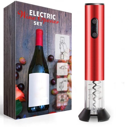 Tirbusoane si dopuri - Tirbuson Electric pentru Vin, Reincarcabil, Accesoriu Taiat Folie, 4 Acumulatori, Notificare Baterie, One-Touch, Automat, Rosu