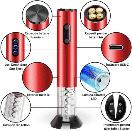 Tirbuson Electric pentru Vin, Reincarcabil, Accesoriu Taiat Folie, 4 Acumulatori, Notificare Baterie, One-Touch, Automat, Rosu [1]