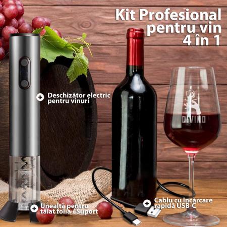 Tirbuson Electric pentru Vin, Reincarcabil, Accesoriu Taiat Folie, 4 Acumulatori, Notificare Baterie, One-Touch, Gri [1]