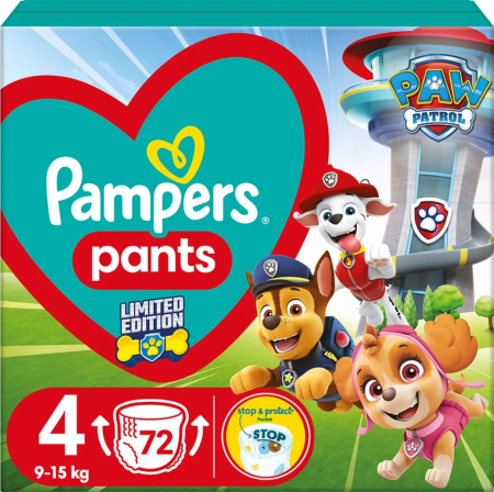 Scutece si chilotei - Scutece-chilotel Pampers Pants Patrula Catelusilor Marimea 4, 9-15 kg, 72 buc