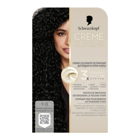 Vopsea de par si oxidant - Vopsea de par permanenta cu amoniac Schwarzkopf Creme Supreme, 1-0 Negru, 182 ml