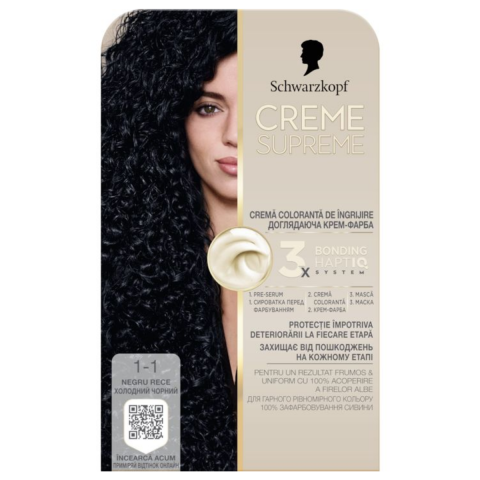 Vopsea de par si oxidant - Vopsea de par permanenta cu amoniac Schwarzkopf Creme Supreme, 1-1 Negru Rece, 182 ml