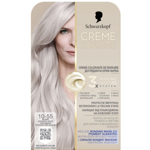 Vopsea de par si oxidant - Vopsea de par permanenta cu amoniac Schwarzkopf Creme Supreme, 10-55 Blond Argintiu Rece, 182 ml