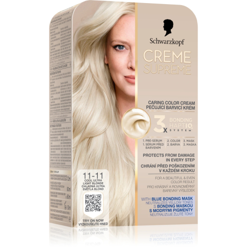 Vopsea de par si oxidant - Vopsea de par permanenta cu amoniac Schwarzkopf Creme Supreme, 11-11 Blond Ultra Deschis, 182 ml