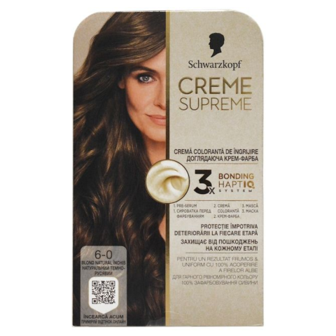 Vopsea de par si oxidant - Vopsea de par permanenta cu amoniac Schwarzkopf Creme Supreme, 6-0 Blond Natural Inchis, 182 ml