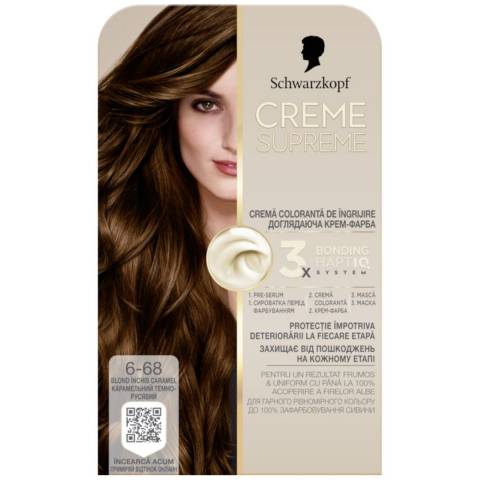 Vopsea de par si oxidant - Vopsea de par permanenta cu amoniac Schwarzkopf Creme Supreme, 6-68 Blond Inchis Caramel, 182 ml