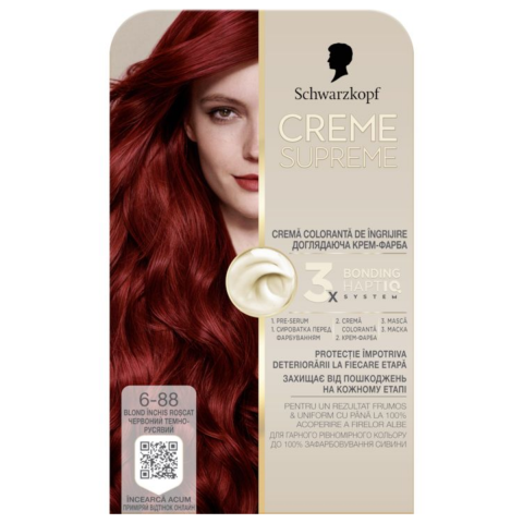 Vopsea de par si oxidant - Vopsea de par permanenta cu amoniac Schwarzkopf Creme Supreme, 6-88 Blond Inchis Roscat, 182 ml