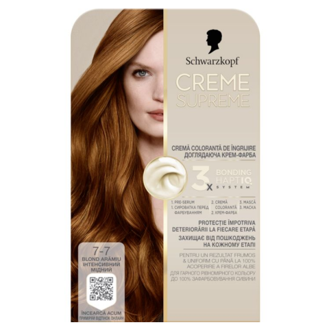 Vopsea de par si oxidant - Vopsea de par permanenta cu amoniac Schwarzkopf Creme Supreme, 7-7 Blond Aramiu 182 ml