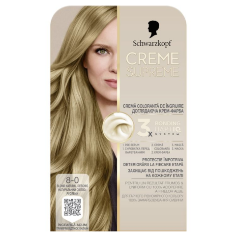 Vopsea de par si oxidant - Vopsea de par permanenta cu amoniac Schwarzkopf Creme Supreme, 8-0 Blond Natural Deschis, 182 ml