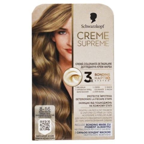 Vopsea de par si oxidant - Vopsea de par permanenta cu amoniac Schwarzkopf Creme Supreme, 8-16 Blond Deschis Cenusiu, 182 ml