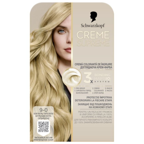 Vopsea de par si oxidant - Vopsea de par permanenta cu amoniac Schwarzkopf Creme Supreme, 9-0 Blond Natural Foarte Deschis , 182 ml
