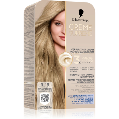 Vopsea de par si oxidant - Vopsea de par permanenta cu amoniac Schwarzkopf Creme Supreme, 9-16 Blond Foarte Deschis, 182 ml