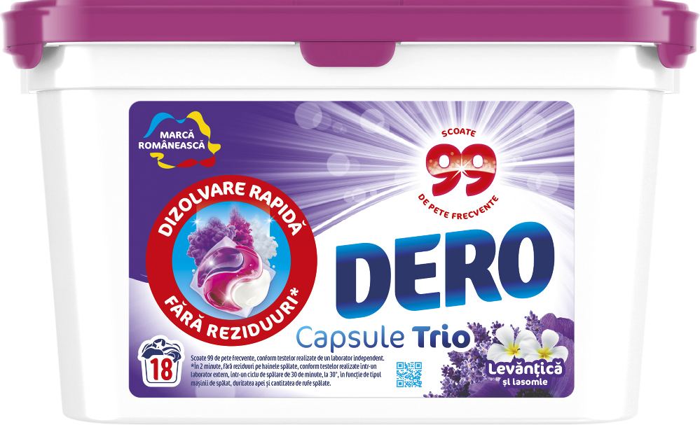 Detergent de rufe capsule Trio cu levantica si iasomie, 18 spalari - DERO [1]