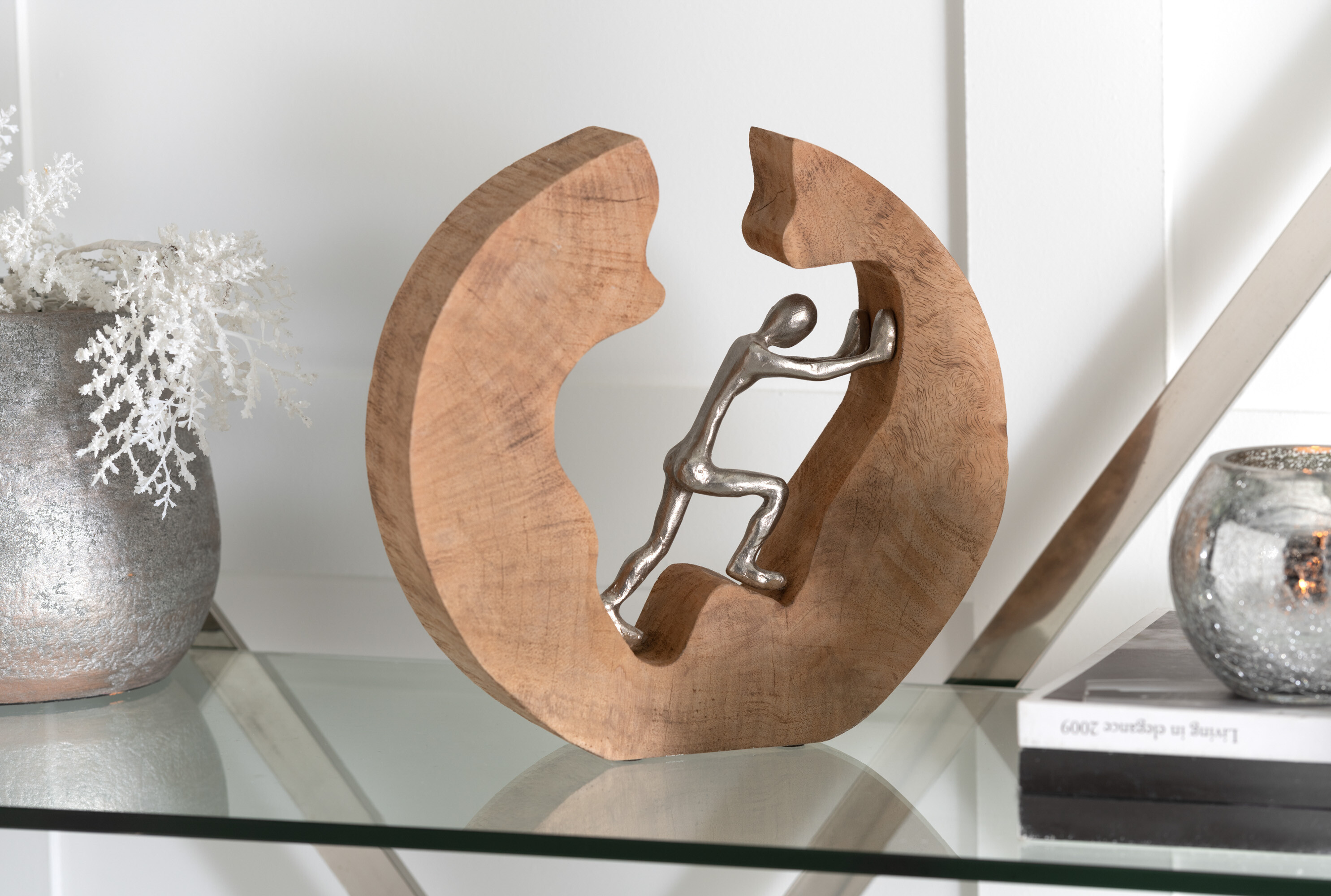 SALE % - Figurina Pushing, Lemn/Cristal, Negru/Natural, 28x6x26 cm