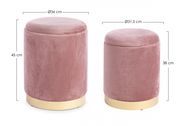 Set 2 pufuri cu spatiu de depozitare, MDF/Catifea, Roz/Auriu, 31.5x38, 36x45 cm [3]
