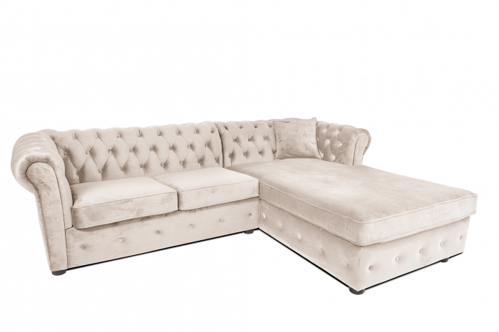 Canapea 2 locuri extensibila cu sezlong Chesterfield, bej, 245x85 175x68 cm