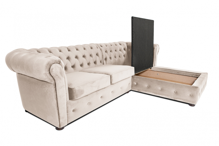Canapea 2 locuri extensibila cu sezlong Chesterfield, bej, 245x85/175x70 cm [5]
