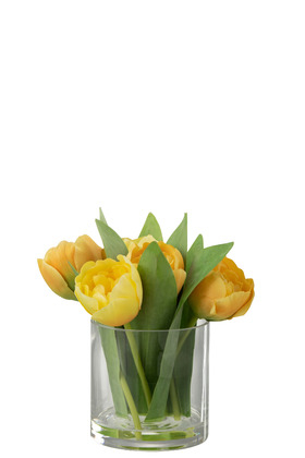 Poza Vaza cu lalele artificiale Tulips, Fibre sintetice Sticla, Galben Verde, 17x16x19 cm
