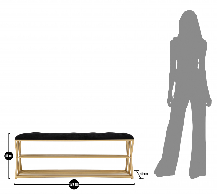 Bancheta cu raft, Fier/Stofa/MDF, Auriu/Negru, 45x120x40 cm [9]