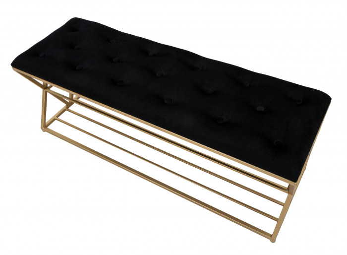 Bancheta cu raft, Fier/Stofa/MDF, Auriu/Negru, 45x120x40 cm [5]
