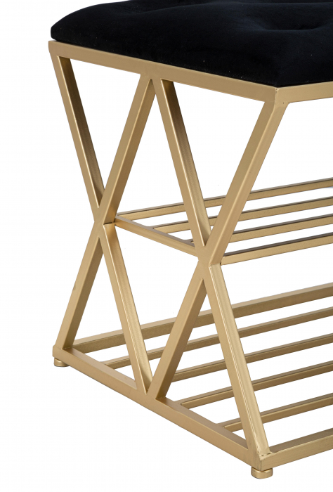 Bancheta cu raft, Fier/Stofa/MDF, Auriu/Negru, 45x120x40 cm [4]