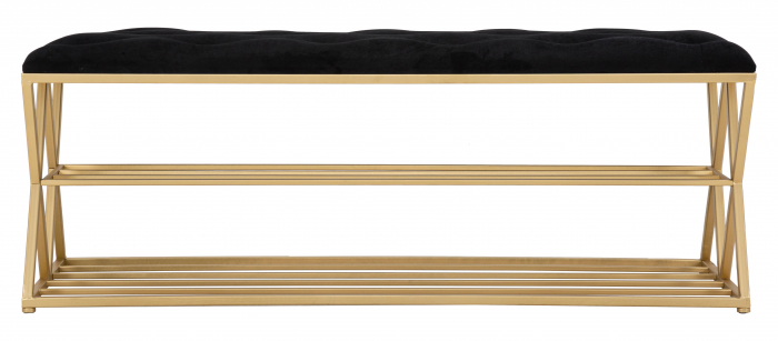 Bancheta cu raft, Fier/Stofa/MDF, Auriu/Negru, 45x120x40 cm [7]