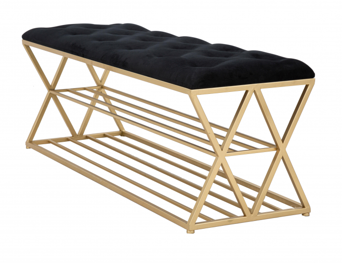 Bancheta cu raft, Fier/Stofa/MDF, Auriu/Negru, 45x120x40 cm [6]