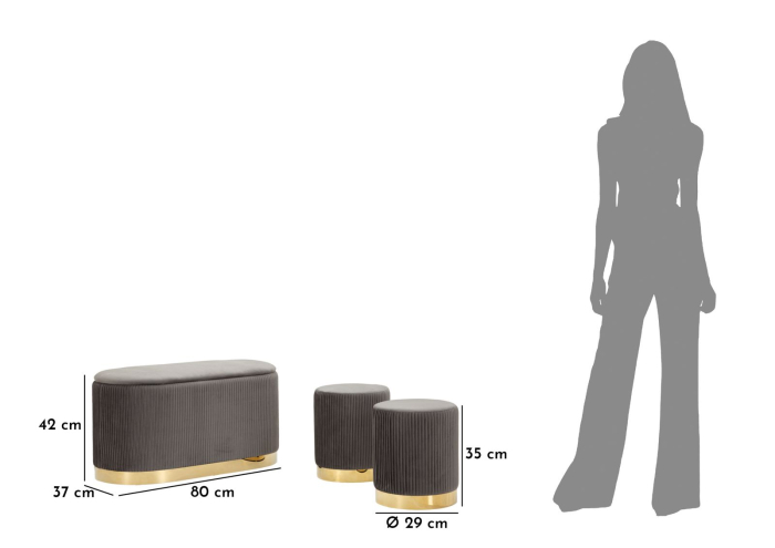 Bancheta cu spatiu depozitare si puf, gri, set de 3, 80x37x42-29x35 cm [11]