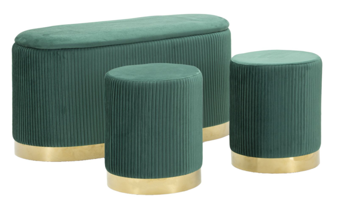 Bancheta cu spatiu depozitare si puf, verde, set de 3, 80x37x42-29x35 cm [1]