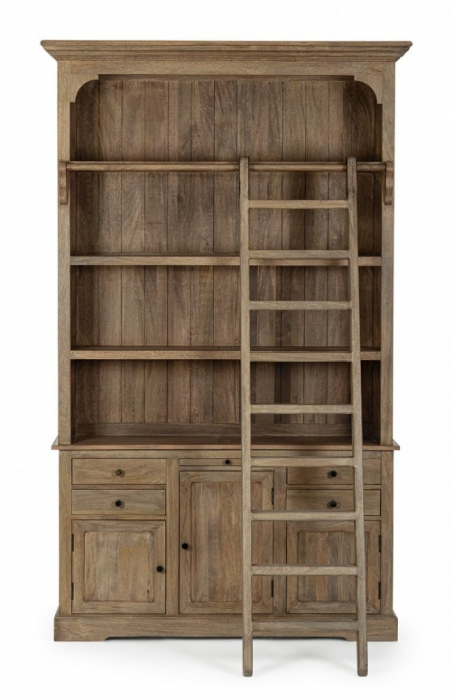 Biblioteca cu scara Domitille, Lemn de mango, Maro, 143.5x40.6x233.7 cm  [3]
