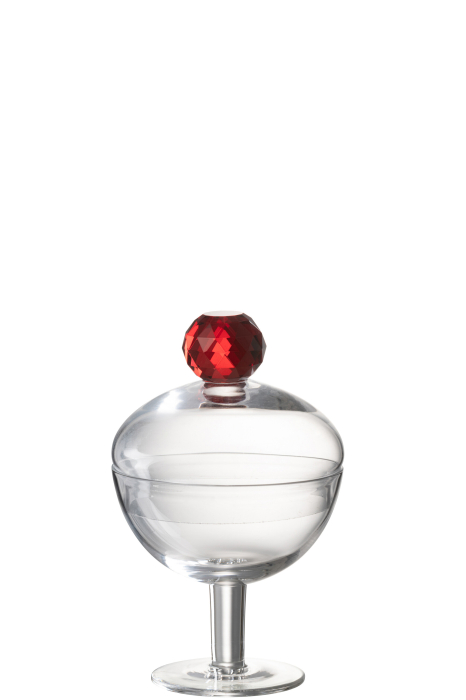 Borcan de depozitare cu cristal, sticla transparenta/rosu, S | L 9X l 9X H 14 cm [2]