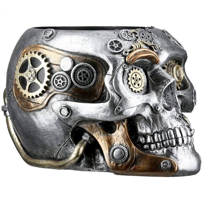 Cachepot, Skull, Steampunk skull planter, Motiv Gear, Polyresin, argintiu, PU 1, L. 23 cm, L. 17,5 cm, H. 14 cm [2]