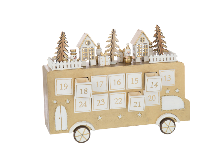 Calendar Advent cu autobuz, placaj, auriu/alb | L 31X l 9X H 24 cm [5]