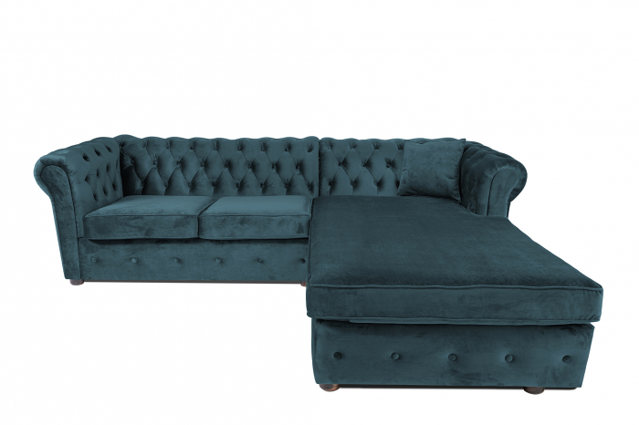 Canapea 2 locuri extensibila cu sezlong Chesterfield, albastru verzui, 245x85/175x70 cm [2]