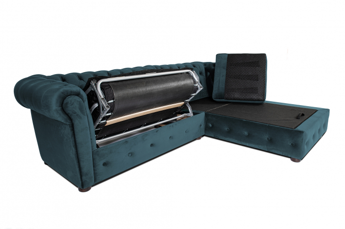 Canapea 2 locuri extensibila cu sezlong Chesterfield, albastru verzui, 245x85/175x70 cm [5]