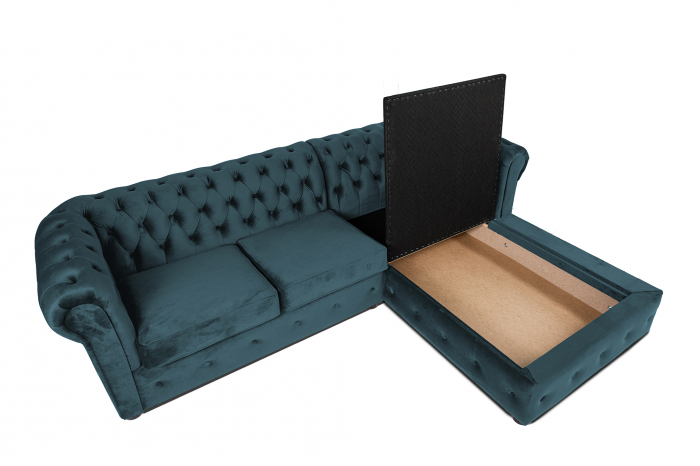 Canapea 2 locuri extensibila cu sezlong Chesterfield, albastru verzui, 245x85/175x70 cm [3]