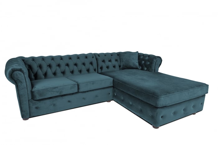 Canapea 2 locuri extensibila cu sezlong Chesterfield, albastru verzui, 245×85 175×68 cm LOTUSLAND imagine noua elgreco.ro